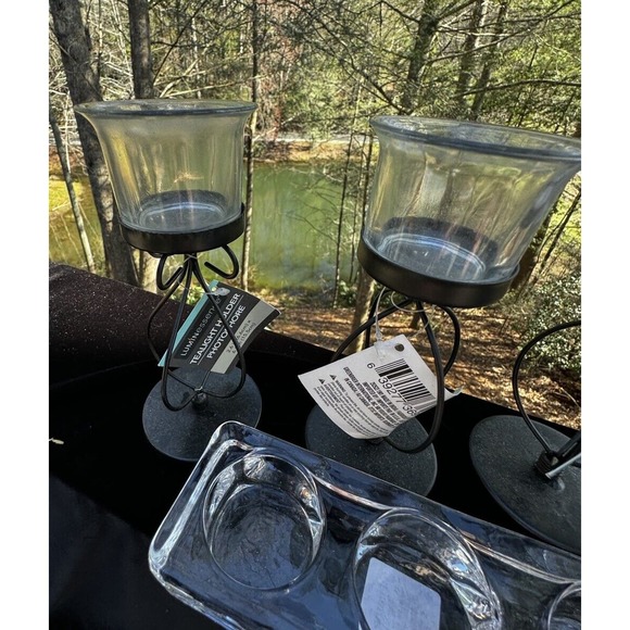 4 Greenbrier Int. Black Metal & Heavy Clear Glass Candle Holders Brand New -A29 - Picture 6 of 12